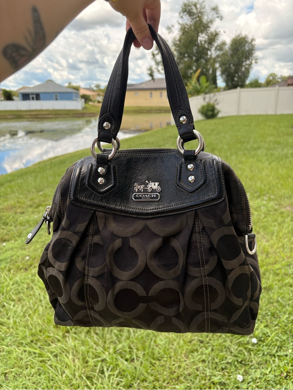 Coach Black Signature Canvas Satchel with Leather Trim